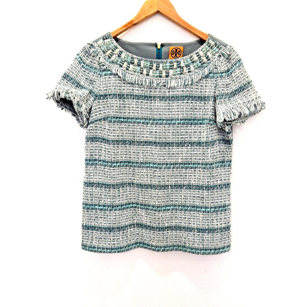 Tory Burch Joan Blue Tweed Beaded Fringe Top Sz 8 Spring 2012 Runway Archive